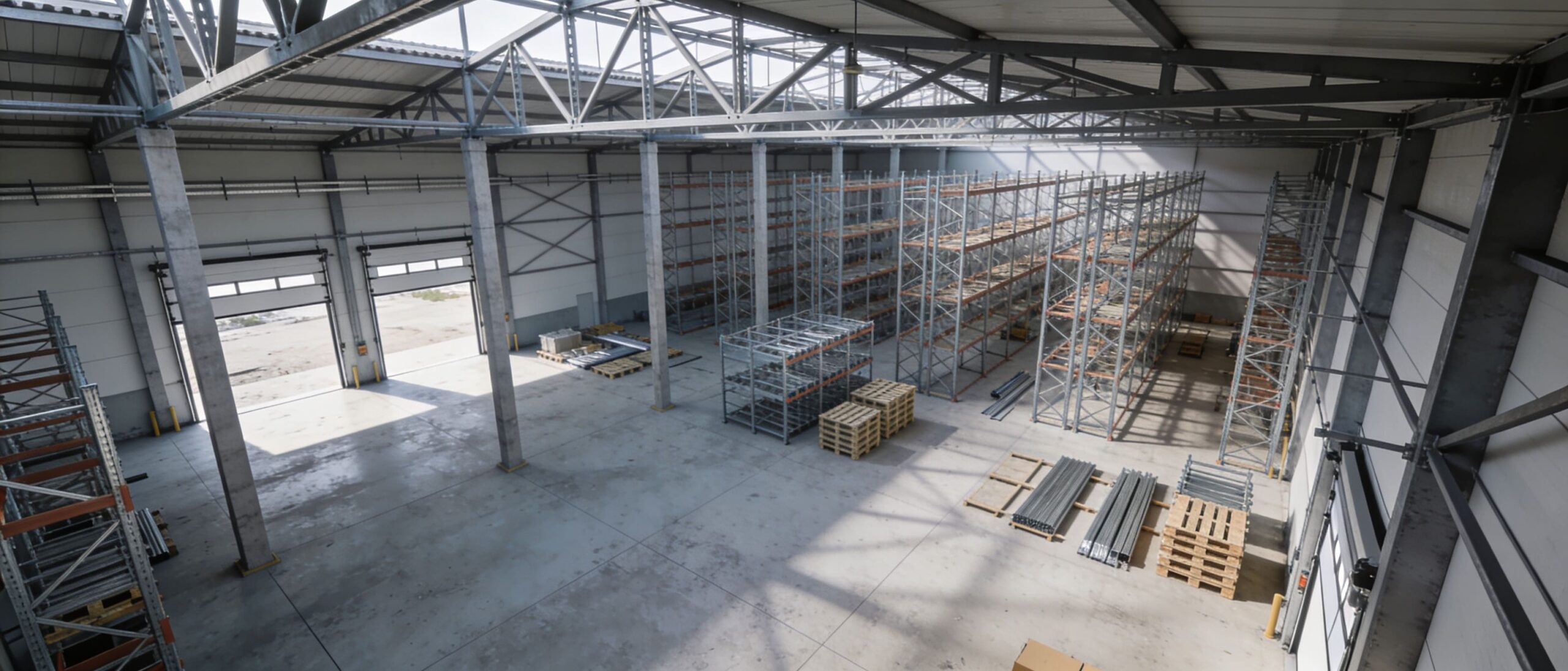 Металлический каркас склада 800 м² с фермами, колоннами, связями и стеллажными системами в процессе монтажа
